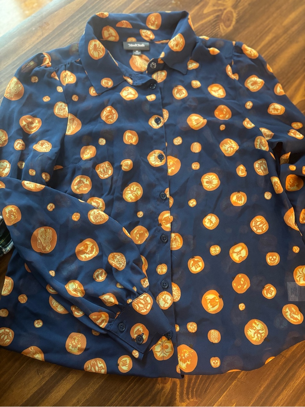 ModCloth Navy Blouse with Orange Pumpkin Dot Print